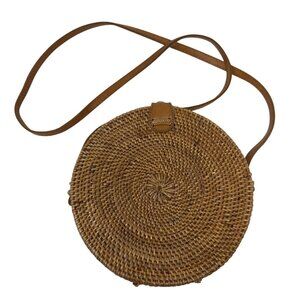 Round Woven Rattan Crossbody Bag With Leather Strap & Snap Closure